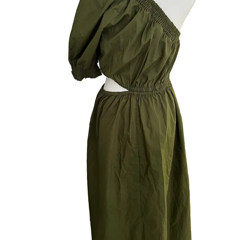 Who What Wear Olive Green‎ Puff Short Sleeve Cut Out Midi Dress Size Small